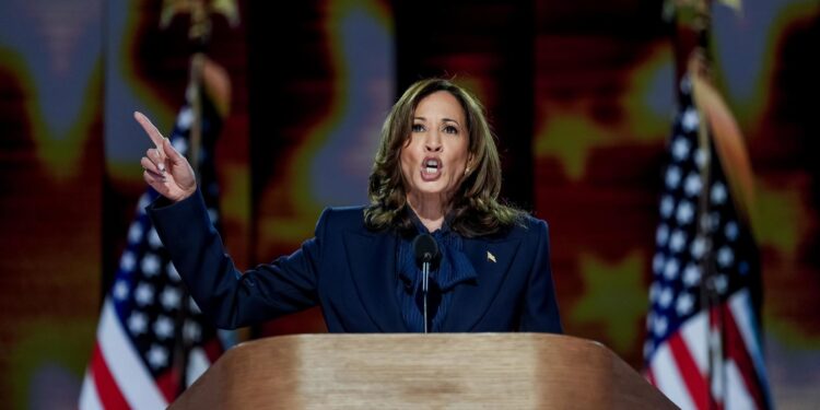 Chicago (United States), 22/08/2024.- Democratic presidential nominee and US Vice President Kamala Harris speaks during the final night of the Democratic National Convention (DNC) at the United Center in Chicago, Illinois, USA, 22 August, 2024. The 2024 Democratic National Convention is being held from 19 to 22 August 2024, during which delegates of the United States' Democratic Party will vote on the party's platform and ceremonially vote for the party's nominee for president, Vice President Kamala Harris, and for vice president, Governor Tim Walz of Minnesota, for the upcoming presidential election. (Estados Unidos) EFE/EPA/WILL OLIVER