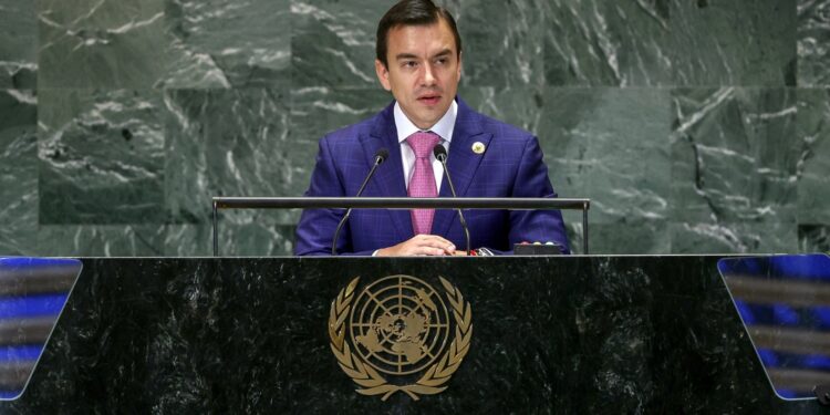 New York (United States), 23/09/2024.- Ecuadorian President Daniel Noboa speaks during the Summit of the Future being held in advance of the general debate of the 79th session of the United Nations General Assembly at United Nations Headquarters in New York, New York, USA, 23 September 2024. The general debate of the UN General Assembly starts on 24 September 2024. (Nueva York) EFE/EPA/SARAH YENESEL