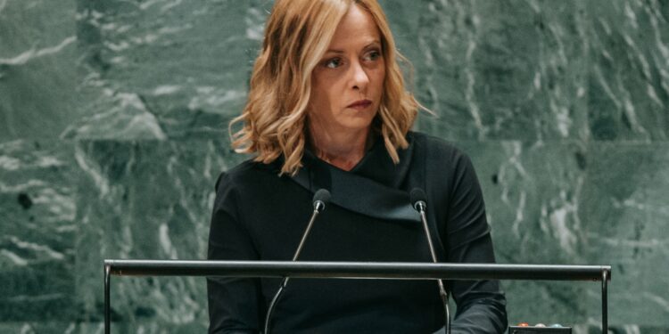 New York (United States), 24/09/2024.- Italian President of the Council of Ministers Giorgia Meloni speaks during the General Debate of the 79th United Nations General Assembly session at United Nations Headquarters in New York, New York, USA, 24 September 2024. The annual high-level General Debate gathers world leaders from 24 to 28 September and 30 September under the theme, 'Leaving no one behind acting together for the advancement of peace, sustainable development, and human dignity for present and future generations.' (Nueva York) EFE/EPA/OLGA FEDOROVA