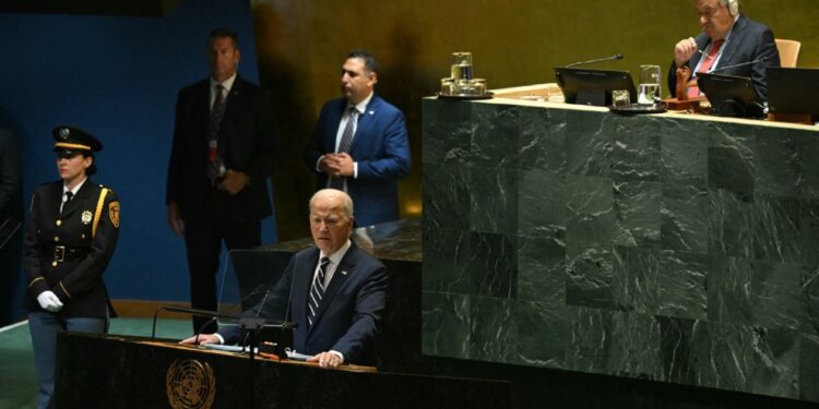 US President Joe Biden speaks during the 79th Session of the United Nations General Assembly at the United Nations headquarters in New York City on September 24, 2024. (Photo by ANDREW CABALLERO-REYNOLDS / AFP)