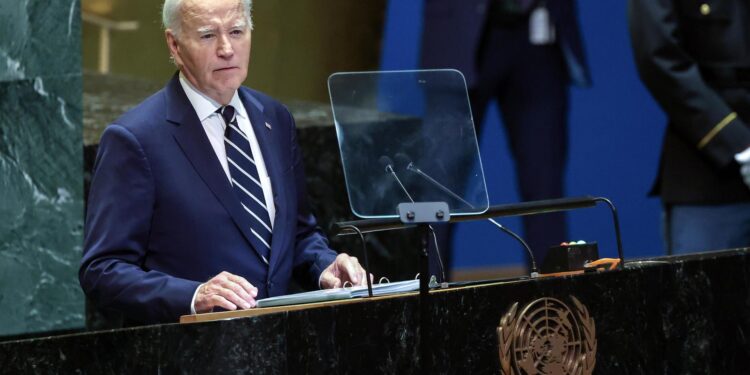 New York (United States), 24/09/2024.- US President Joe Biden speaks during the General Debate of the 79th session of the United Nations General Assembly at United Nations Headquarters in New York, New York, USA, 24 September 2024. The annual high-level General Debate gathers world leaders from 24 to 28 September, and 30 September under the theme, 'Leaving no one behind: acting together for the advancement of peace, sustainable development and human dignity for present and future generations'. (Nueva York) EFE/EPA/SARAH YENESEL