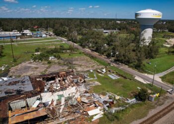 An aerial picture taken on September 28, 2024, shows storm damage in the aftermath of Hurricane Helene in Valdosta, Georgia. - At least 44 people died across five US states battered by powerful storm Helene, authorities said on September 27, after torrential flooding prompted emergency responders to launch massive rescue operations. (Photo by John Falchetto / AFP)