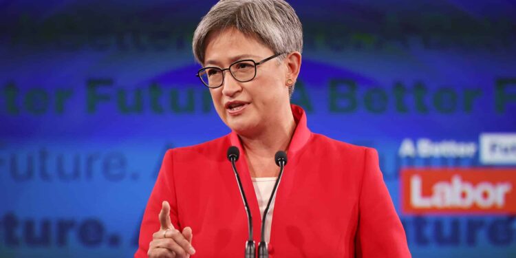 PERTH, AUSTRALIA - MAY 01: Shadow Foreign Affairs Minister Penny Wong speaks during the Labor Party election campaign launch at Optus Stadium on May 01, 2022 in Perth, Australia. The Australian election will be held on May 21, 2022. (Photo by Paul Kane/Getty Images)