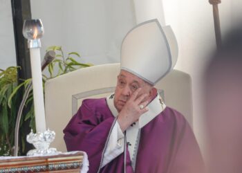 Rome (Italy), 02/11/2024.- Pope Francis (C) gestures as he presides over a Holy Mass commemorating all the faithful departed in Laurentino Cemetery, in Rome, Italy, 02 November 2024. (Papa, Italia, Roma) EFE/EPA/GIUSEPPE LAMI