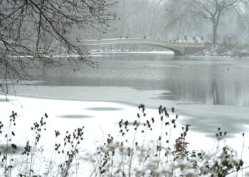 The Bow Bridge in the snow in Central Park January 6, 2025 in New York City as a major winter storm hits the Mid-Atlantic region. - A massive storm system dumped heavy snow and freezing rain on large swaths of the eastern United States Monday, disrupting travel and work for millions of Americans from the Ohio Valley to the capital Washington. (Photo by TIMOTHY A. CLARY / AFP)